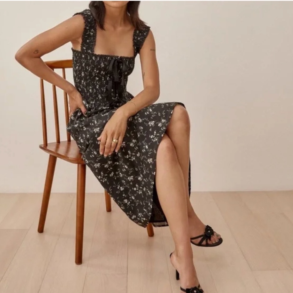 Reformation Darla Black Floral Lucien Midi Dress